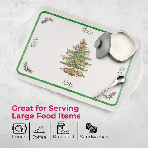 Spode Christmas Tree melamine tray coordinates with placemats and coasters.