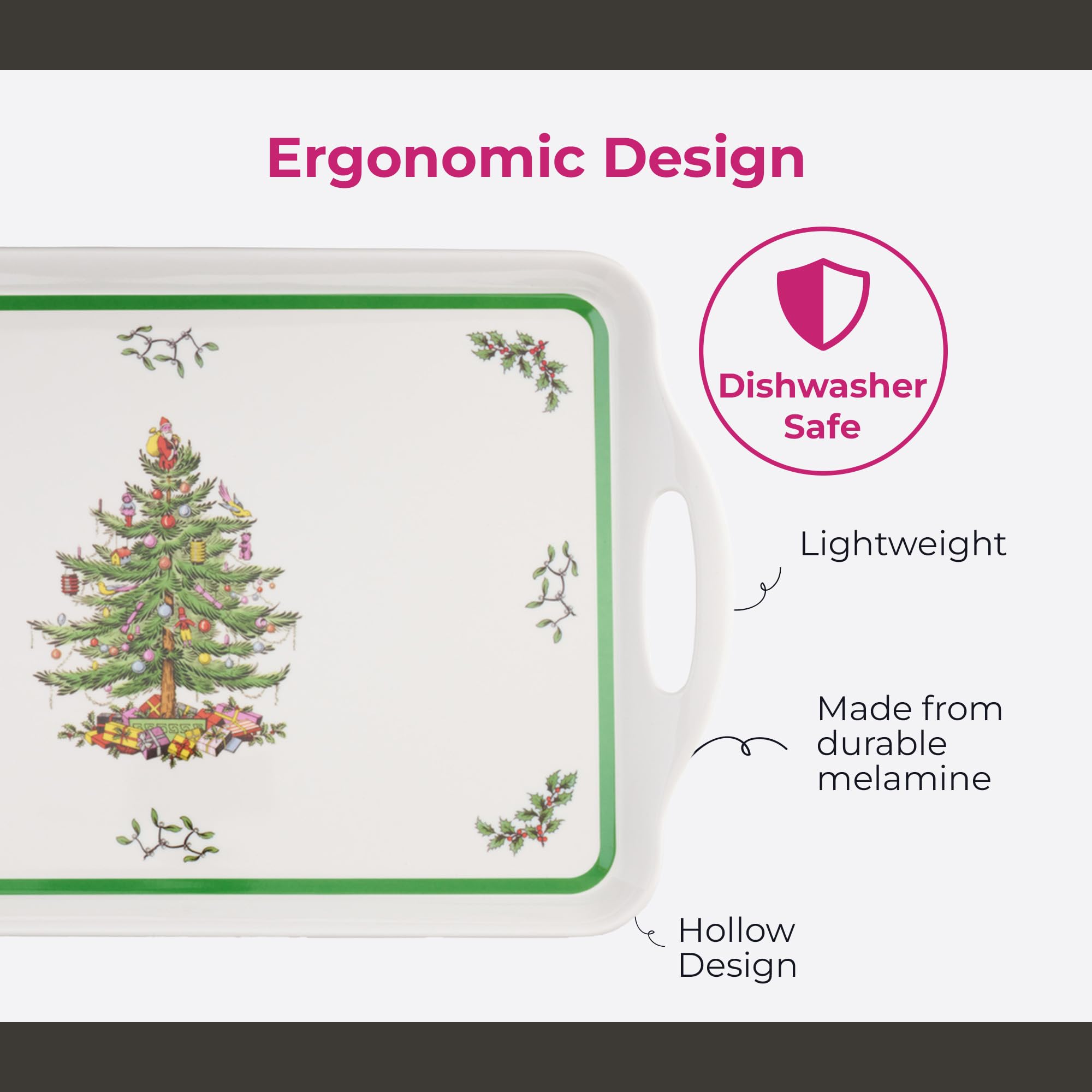 Spode Christmas Tree melamine tray easy cleaning after gatherings.