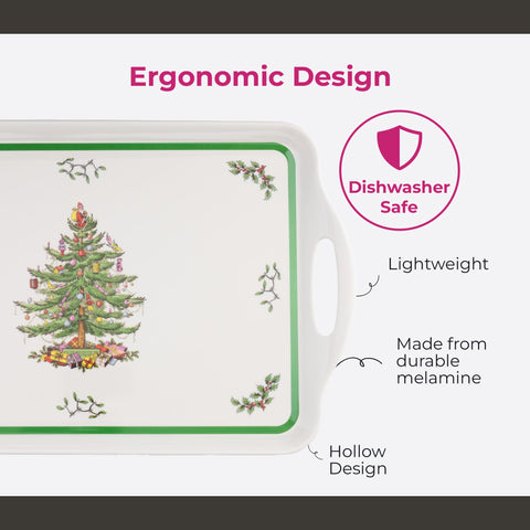 Spode Christmas Tree melamine tray easy cleaning after gatherings.