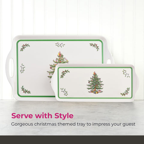 Spode Christmas Tree melamine tray pattern detail highlights classic design.