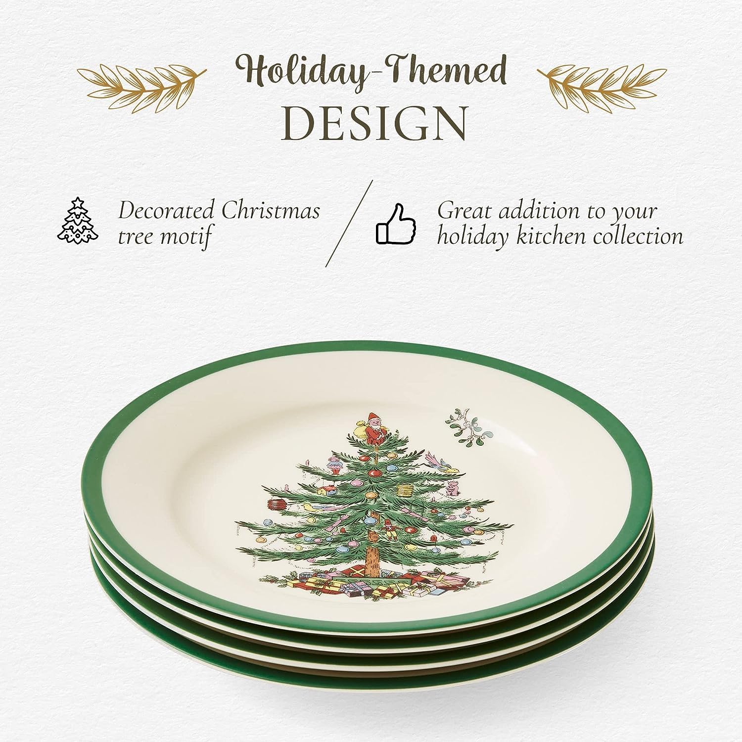 Spode Christmas Tree plates arranged on a holiday table highlighting a joyful table setting.