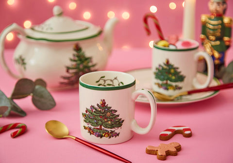 Spode Christmas Tree Mug collectible design enhances holiday table décor.