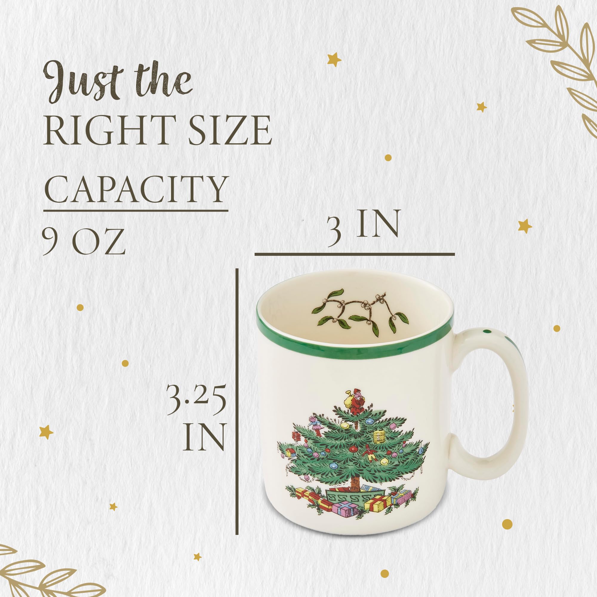 Spode Christmas Tree Mug oven-safe for reheating drinks without transfers.