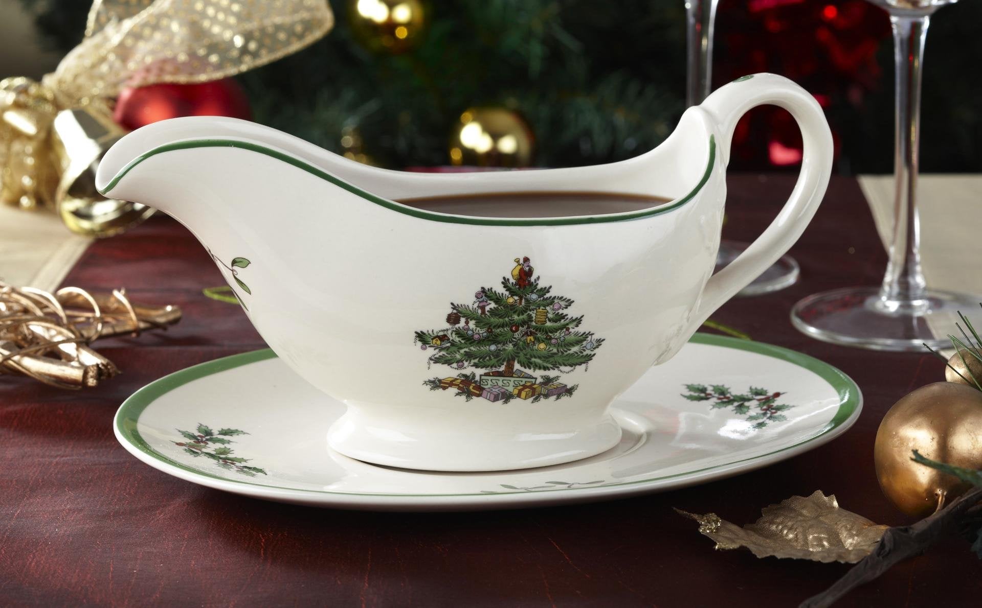Spode Christmas Tree pattern close-up showcasing iconic motif on durable stoneware.