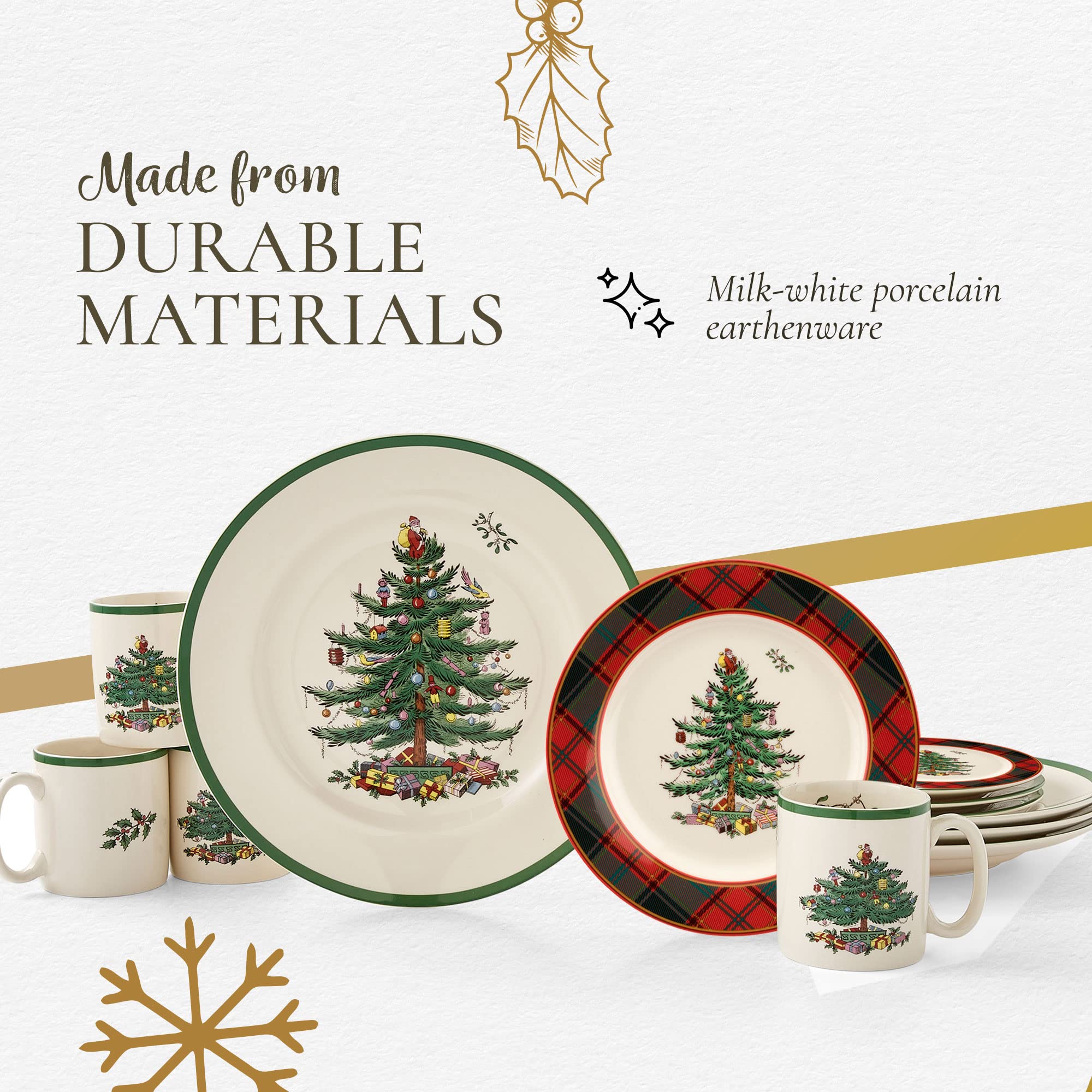 Spode Christmas Tree pattern detail highlights nostalgic tartan accents.