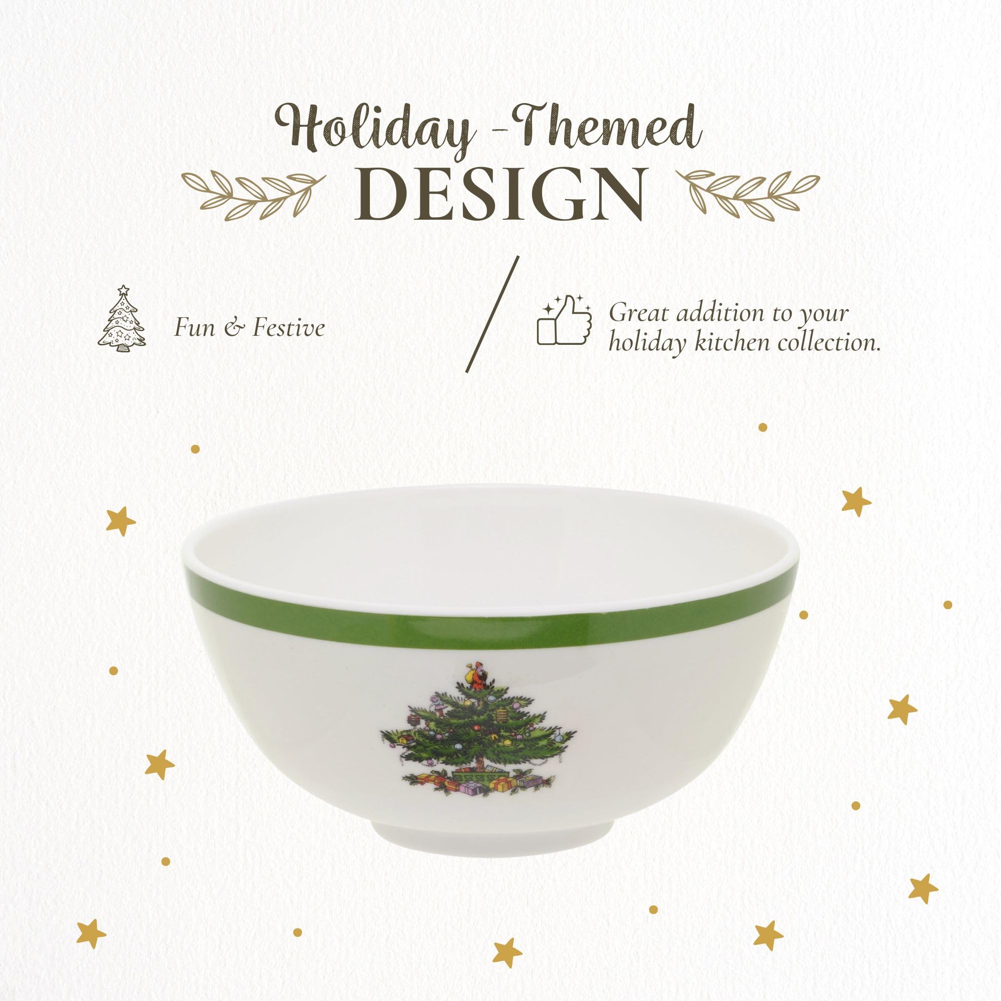 Spode Christmas Tree pattern, green rim close-up, adds festive table charm.