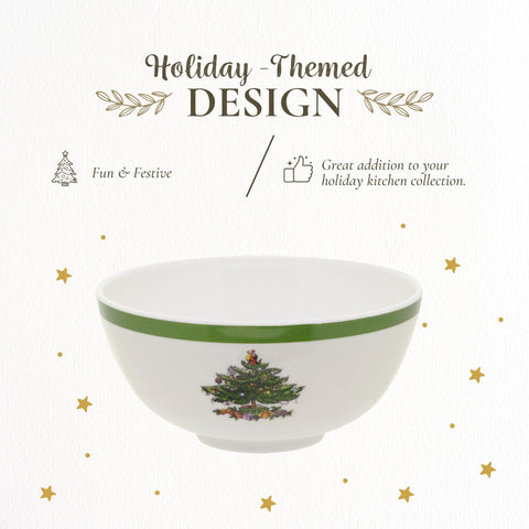 Spode Christmas Tree pattern, green rim close-up, adds festive table charm.