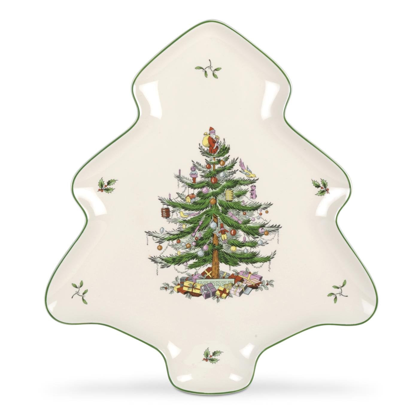 Spode Christmas Tree 14-inch tree-shaped platter for festive appetizers and desserts.