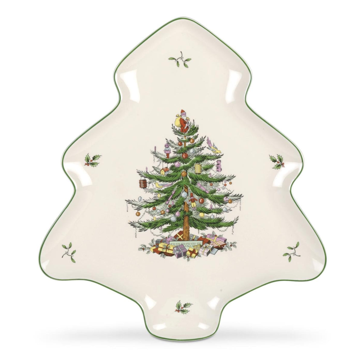 Spode Christmas Tree 14-inch tree-shaped platter for festive appetizers and desserts.
