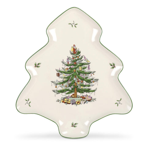 Spode Christmas Tree 14-inch tree-shaped platter for festive appetizers and desserts.