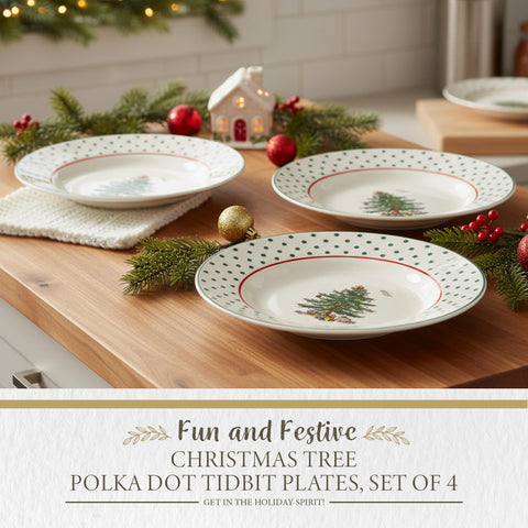 Spode Christmas Tree set of four arranged for holiday appetizer display