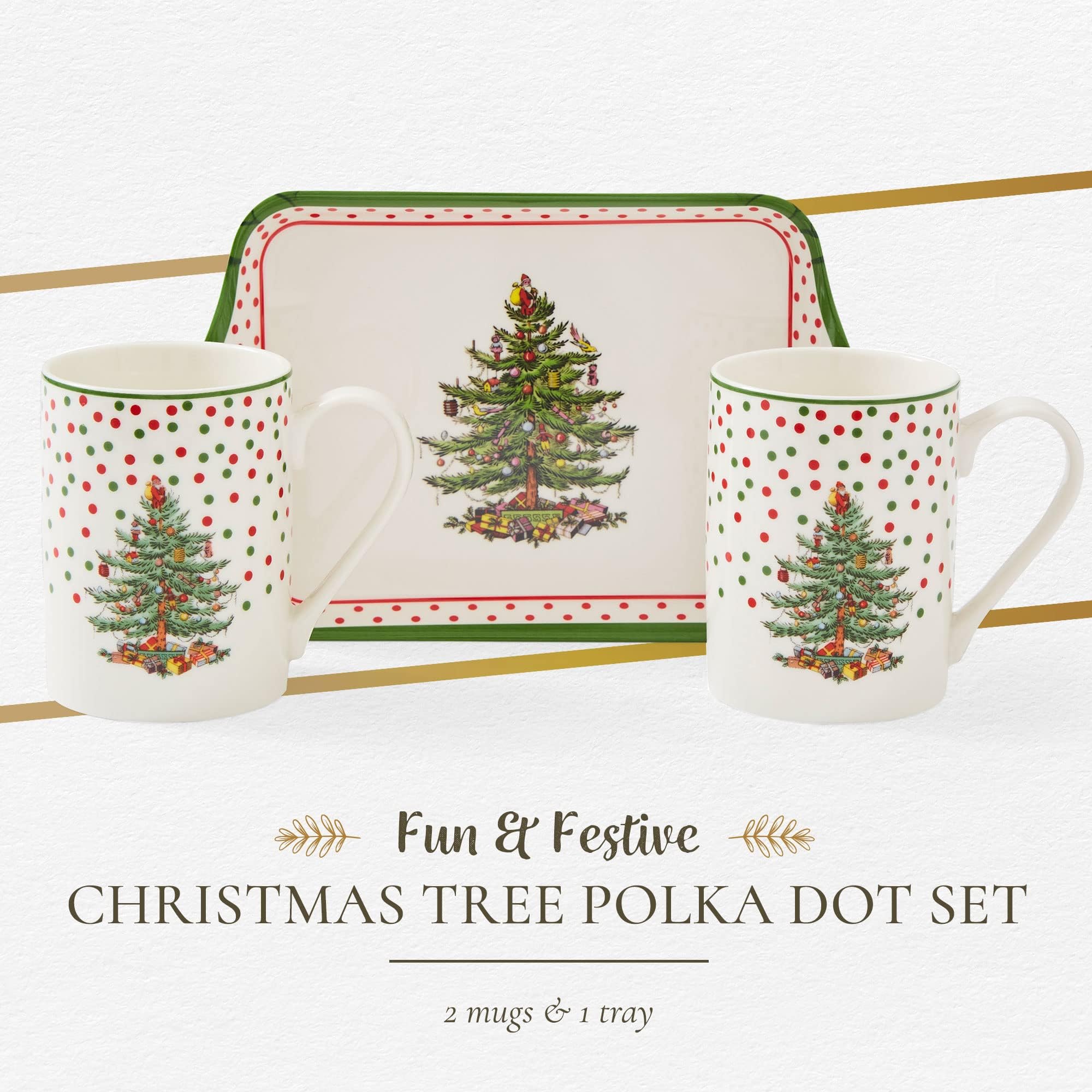 Spode mug set featuring polka dots on a serving tray during holiday coffee.