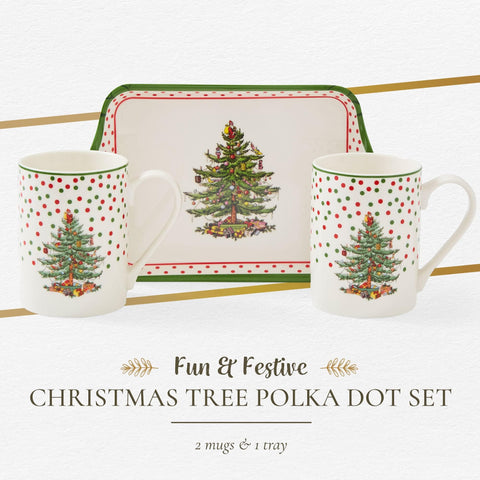 Spode mug set featuring polka dots on a serving tray during holiday coffee.