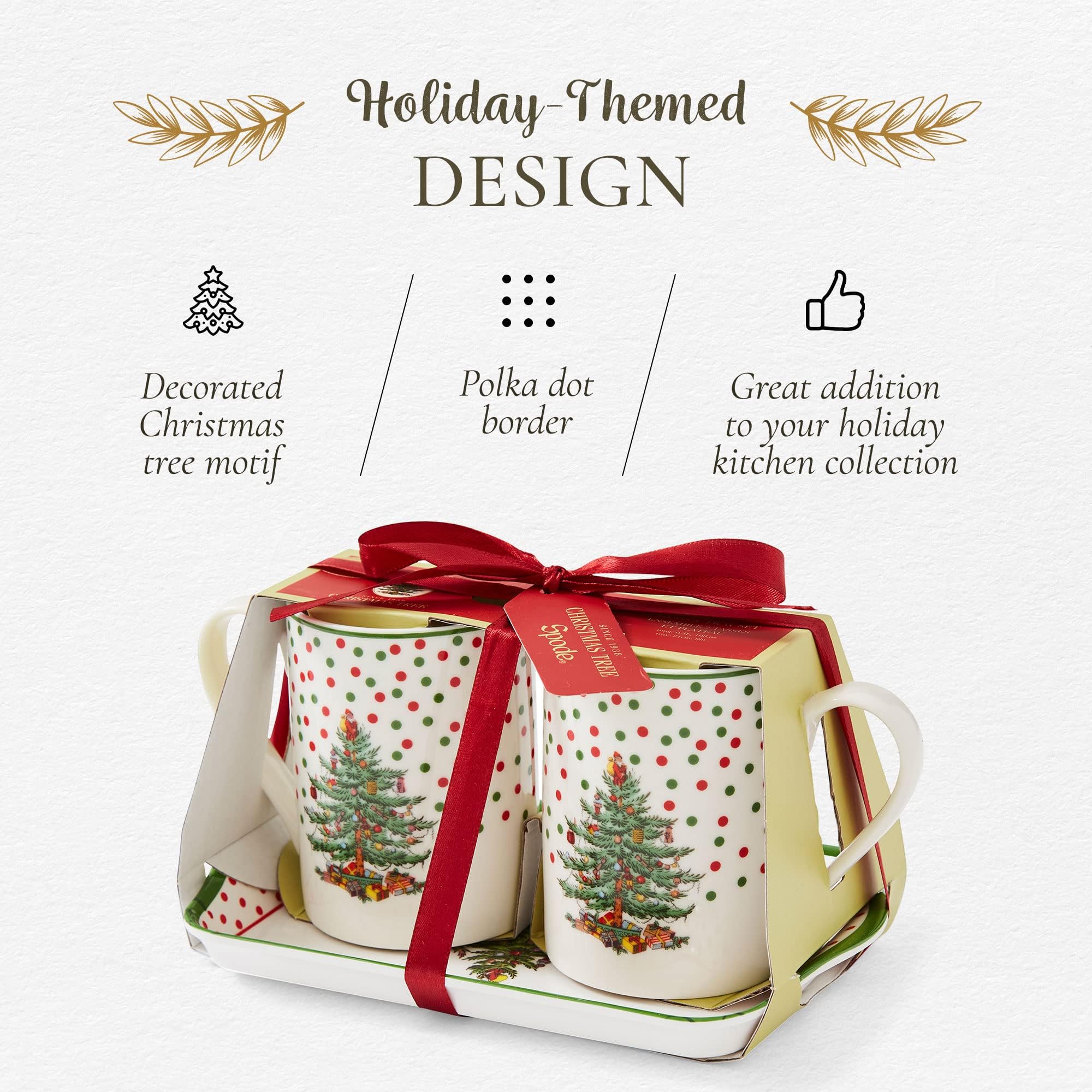 Close-up of Spode Christmas Tree mugs with polka-dot motif for cozy mornings.