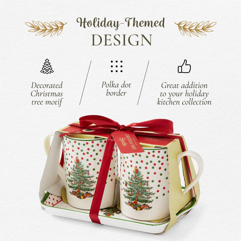 Close-up of Spode Christmas Tree mugs with polka-dot motif for cozy mornings.