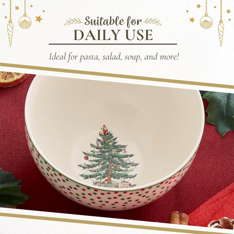 Rice bowl on dining table with holiday ambience, Spode Christmas Tree Polka Dot.