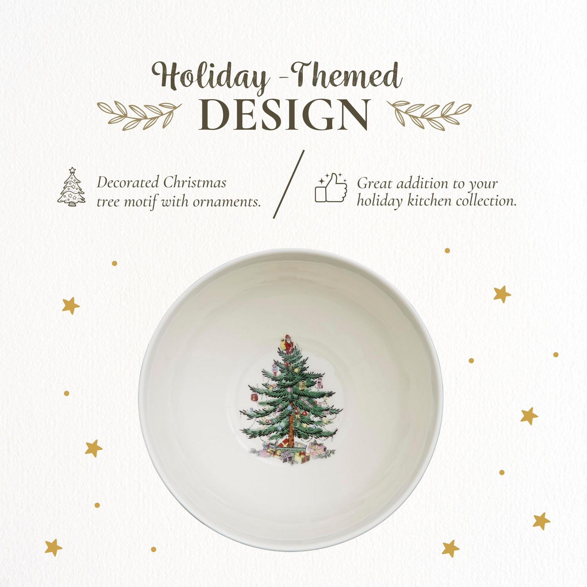 Spode Christmas Tree Polka Dot rice bowl stacked with other holiday bowls, easy mix-and-match.