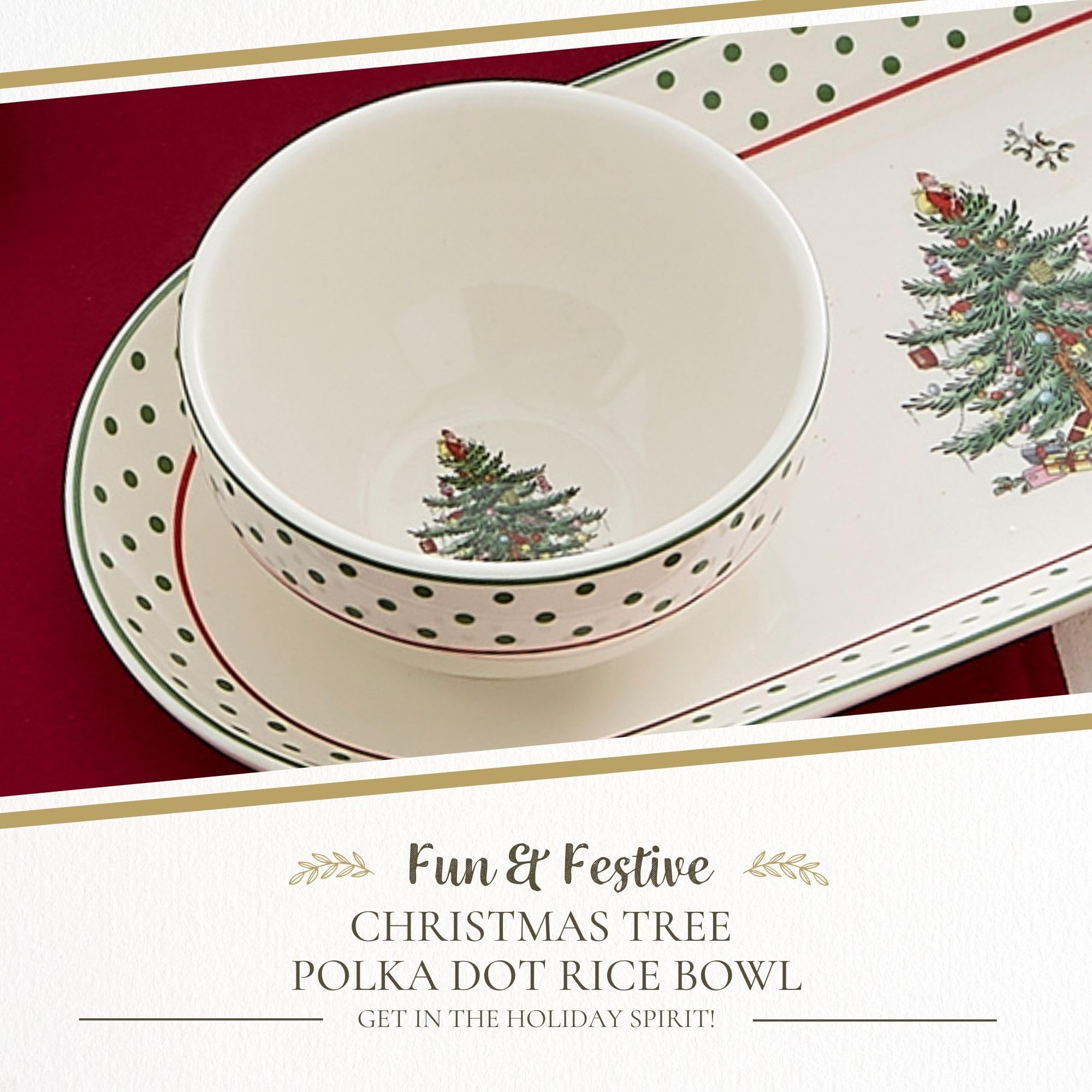 Spode Christmas Tree Polka Dot rice bowl on holiday table setting, great for serving.
