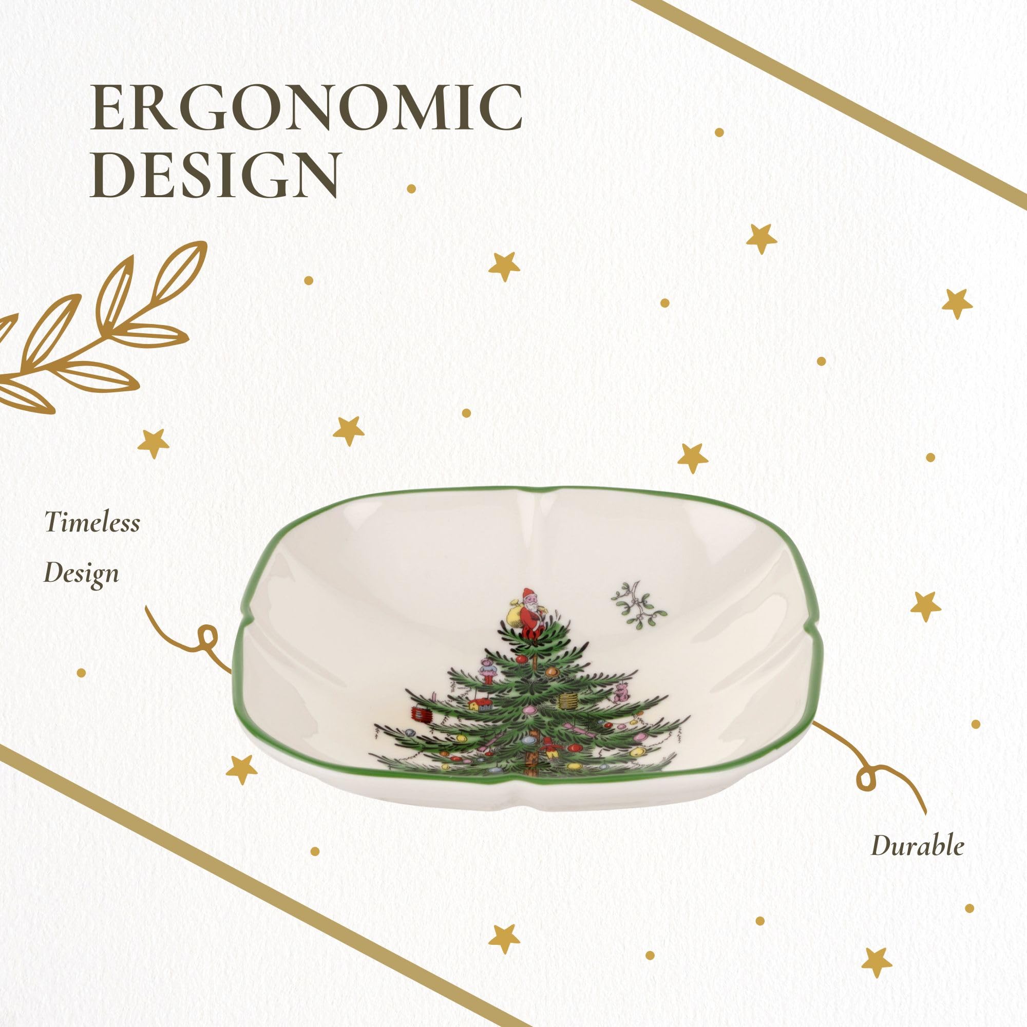 Microwave safe Spode dish for quick reheating during gatherings.