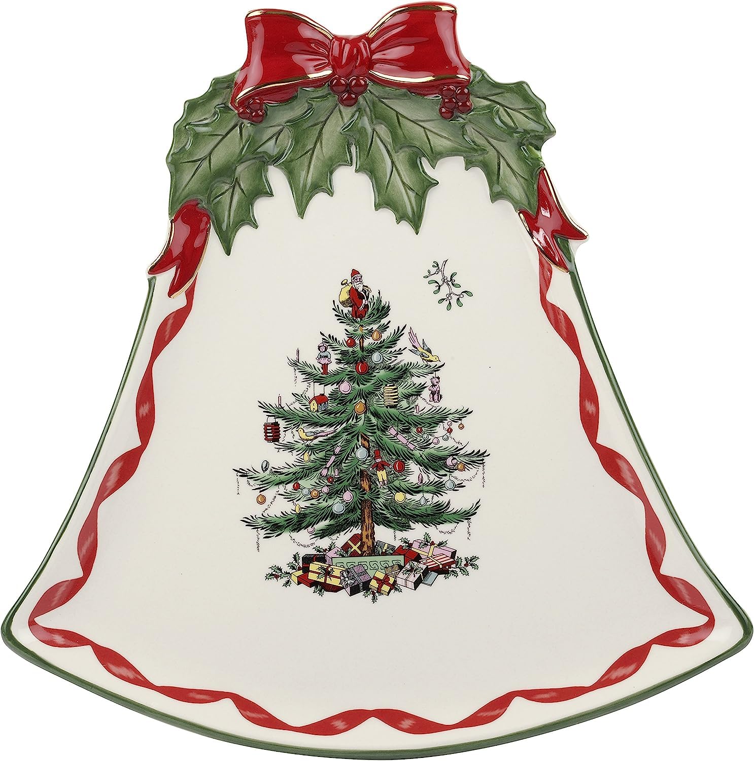 Spode Christmas Tree Ribbons bell-shaped plate with festive dessert display.