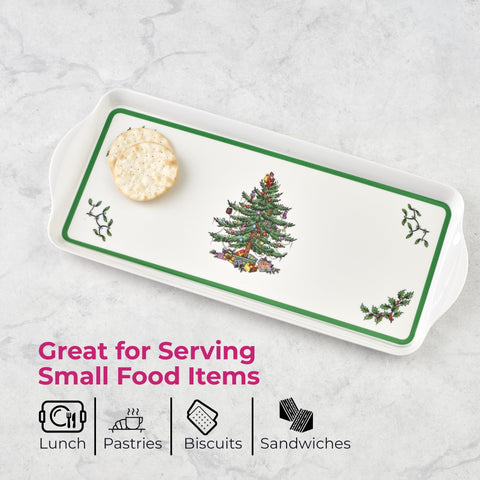 Spode Christmas Tree melamine tray ready for quick cleanup after gatherings