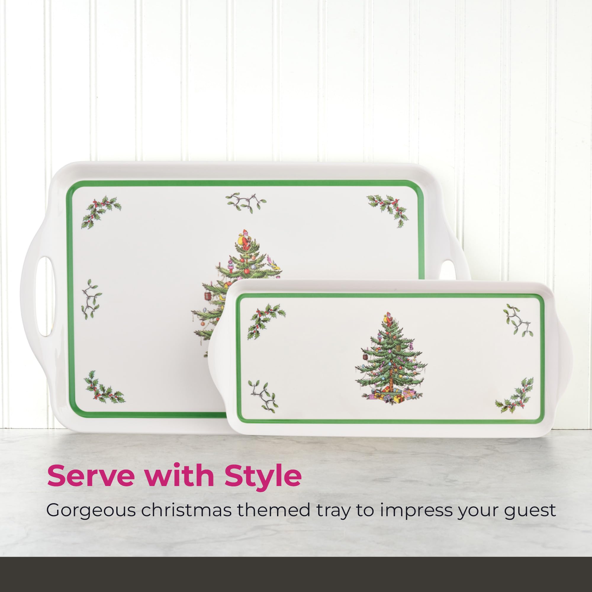 Spode Christmas Tree tray displayed with coordinating festive tableware