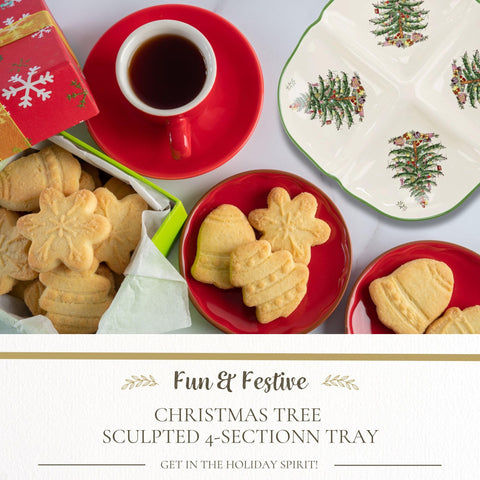 Spode Christmas Tree Sculpted Tray four-compartment layout for condiments and dips
