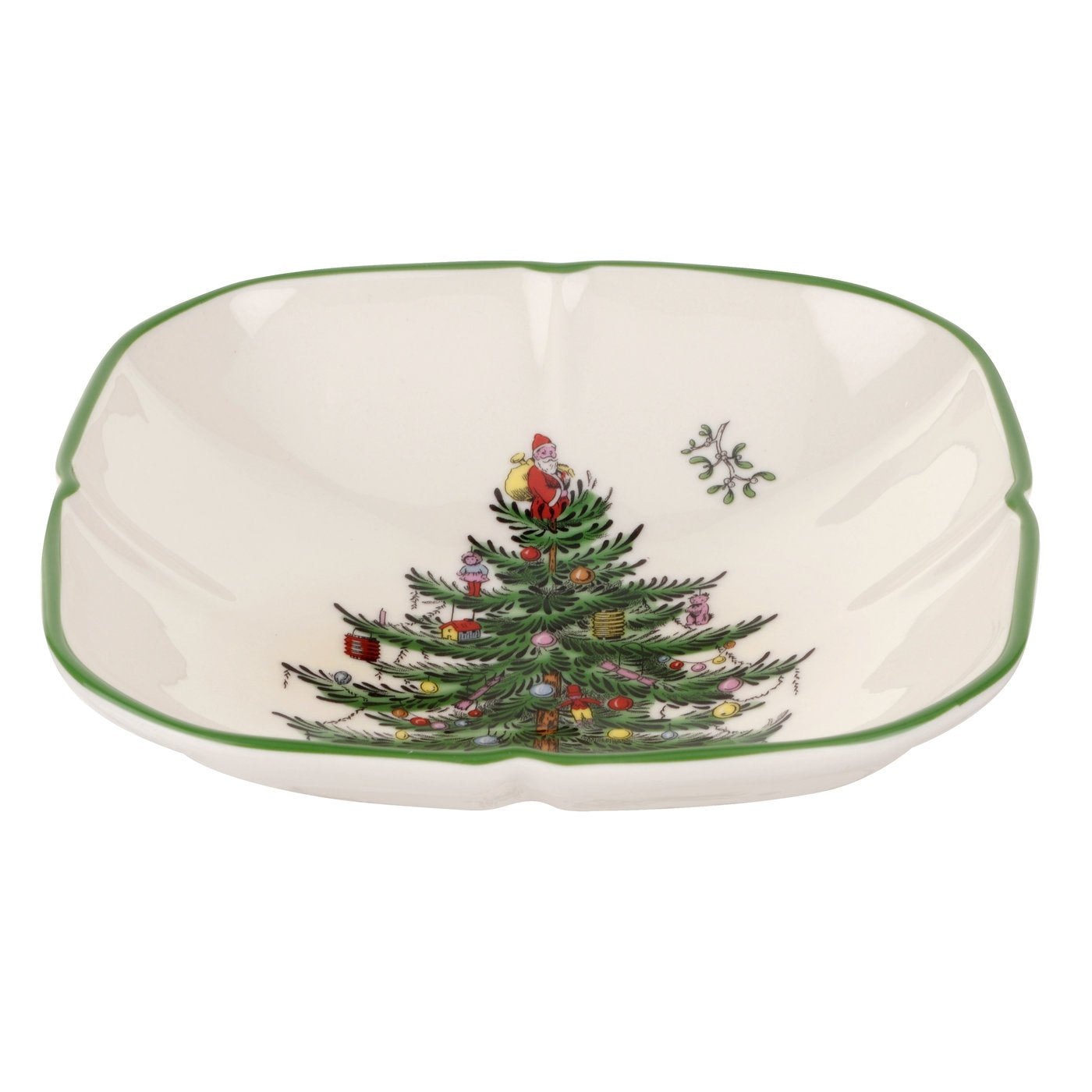 Spode Christmas Tree Sculpted Square Dish 5.5-inch ready for appetizers on a festive table.