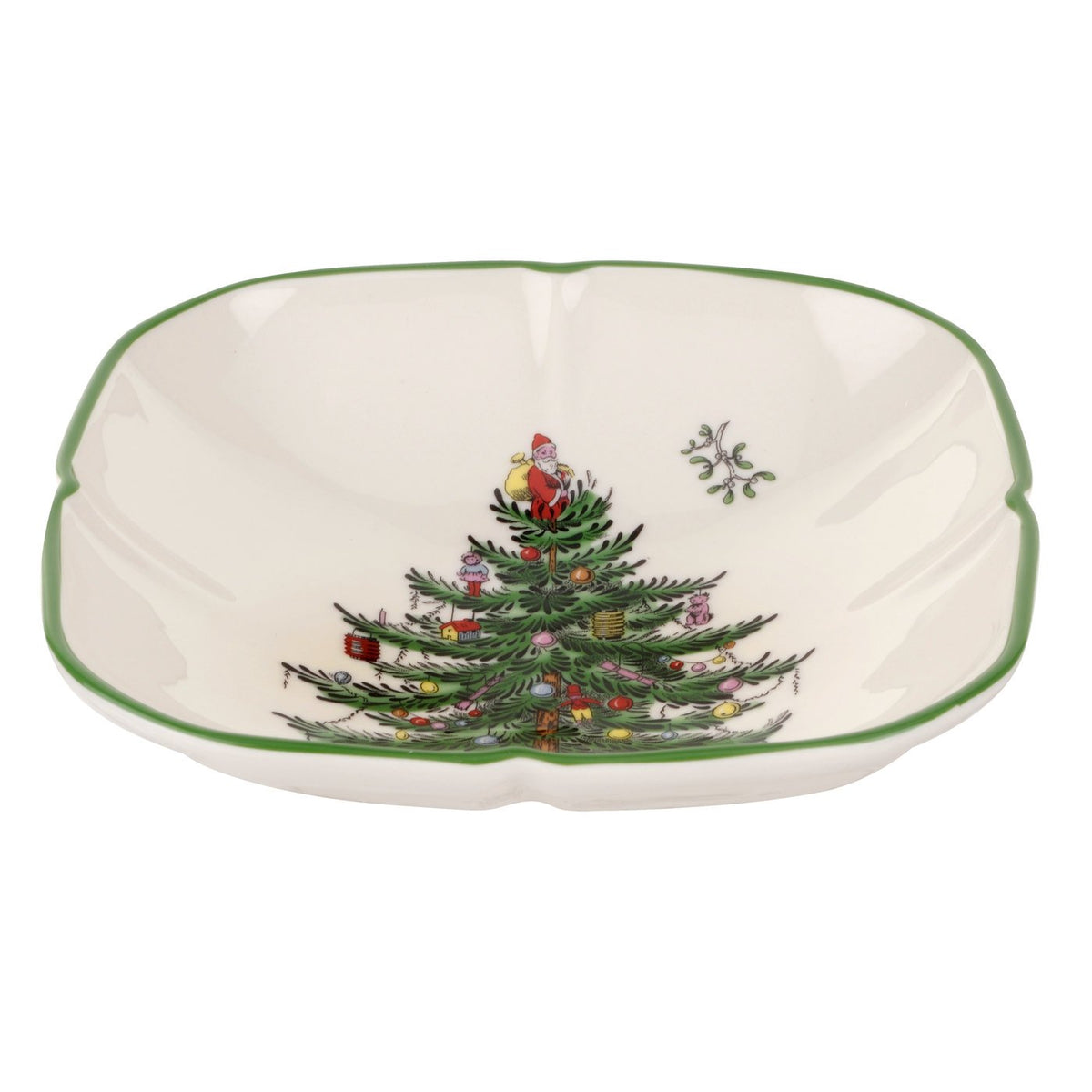 Spode Christmas Tree Sculpted Square Dish 5.5-inch ready for appetizers on a festive table.