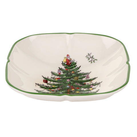Spode Christmas Tree Sculpted Square Dish 5.5-inch ready for appetizers on a festive table.