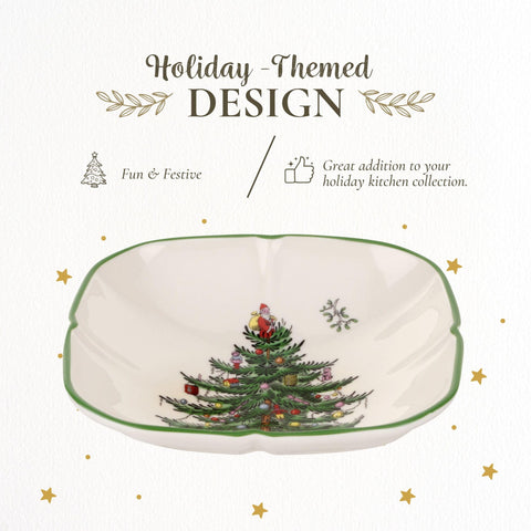 Spode Christmas Tree Sculpted Square Dish used for appetizers at a holiday gathering.