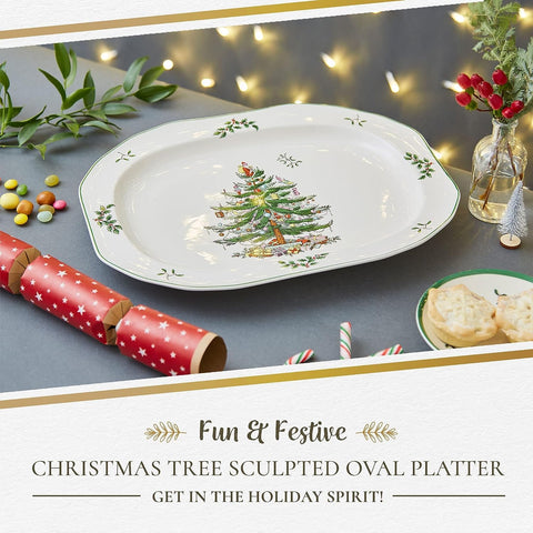 Spode Christmas Tree serving platter showcasing cheeses and desserts for holiday entertaining