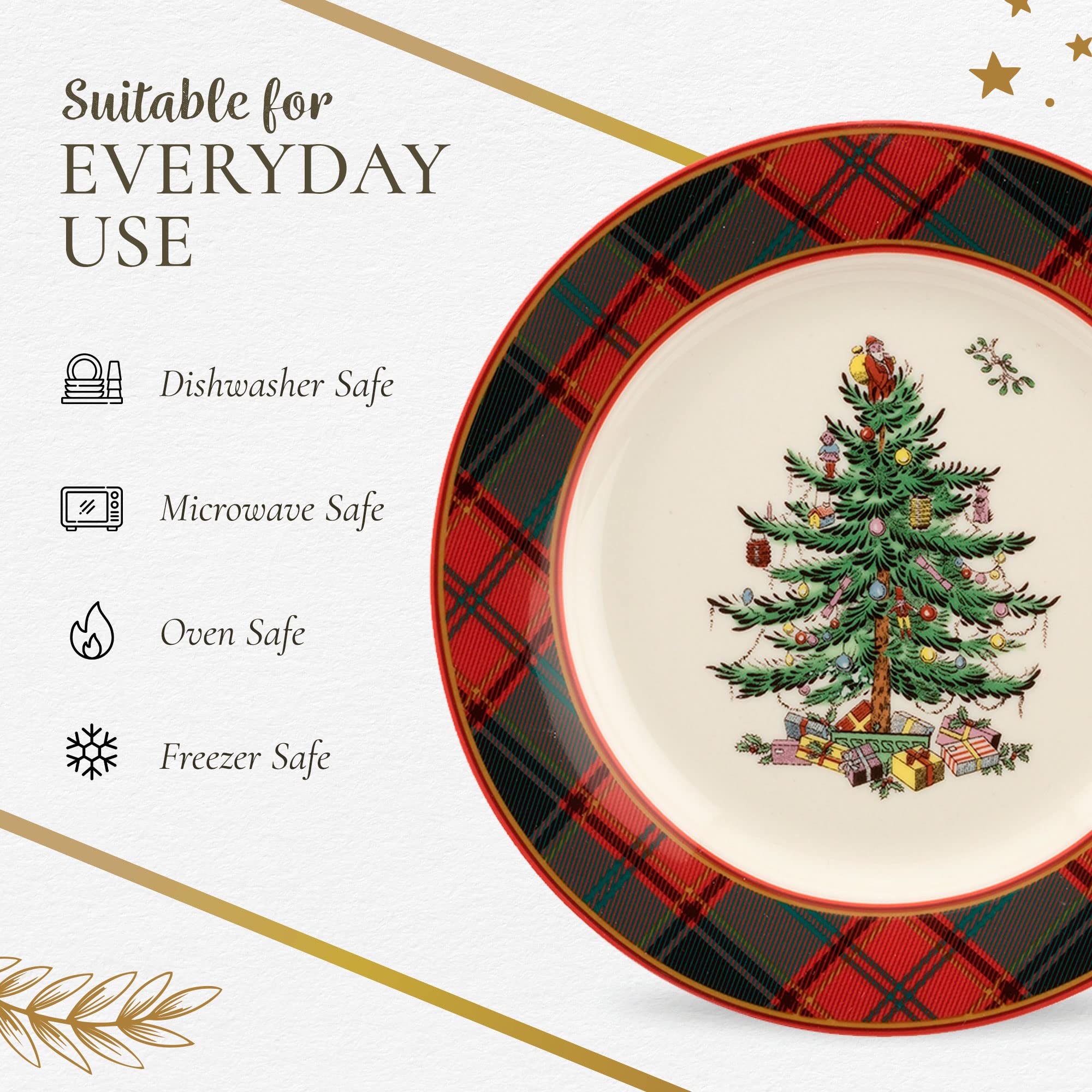 Spode Christmas Tree table display conveys coordinated festive elegance.