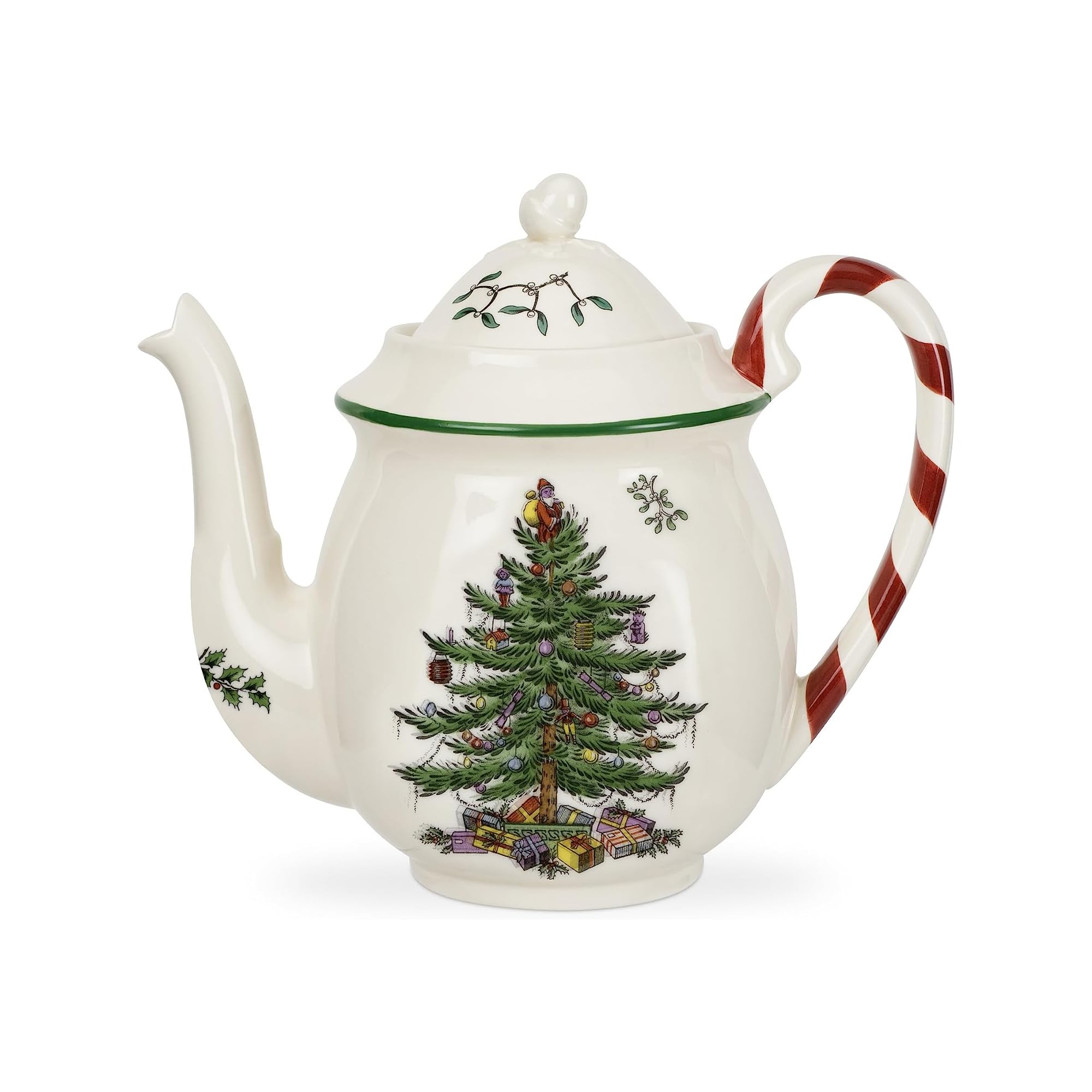 Spode Christmas Tree teapot with peppermint handle for festive gatherings.