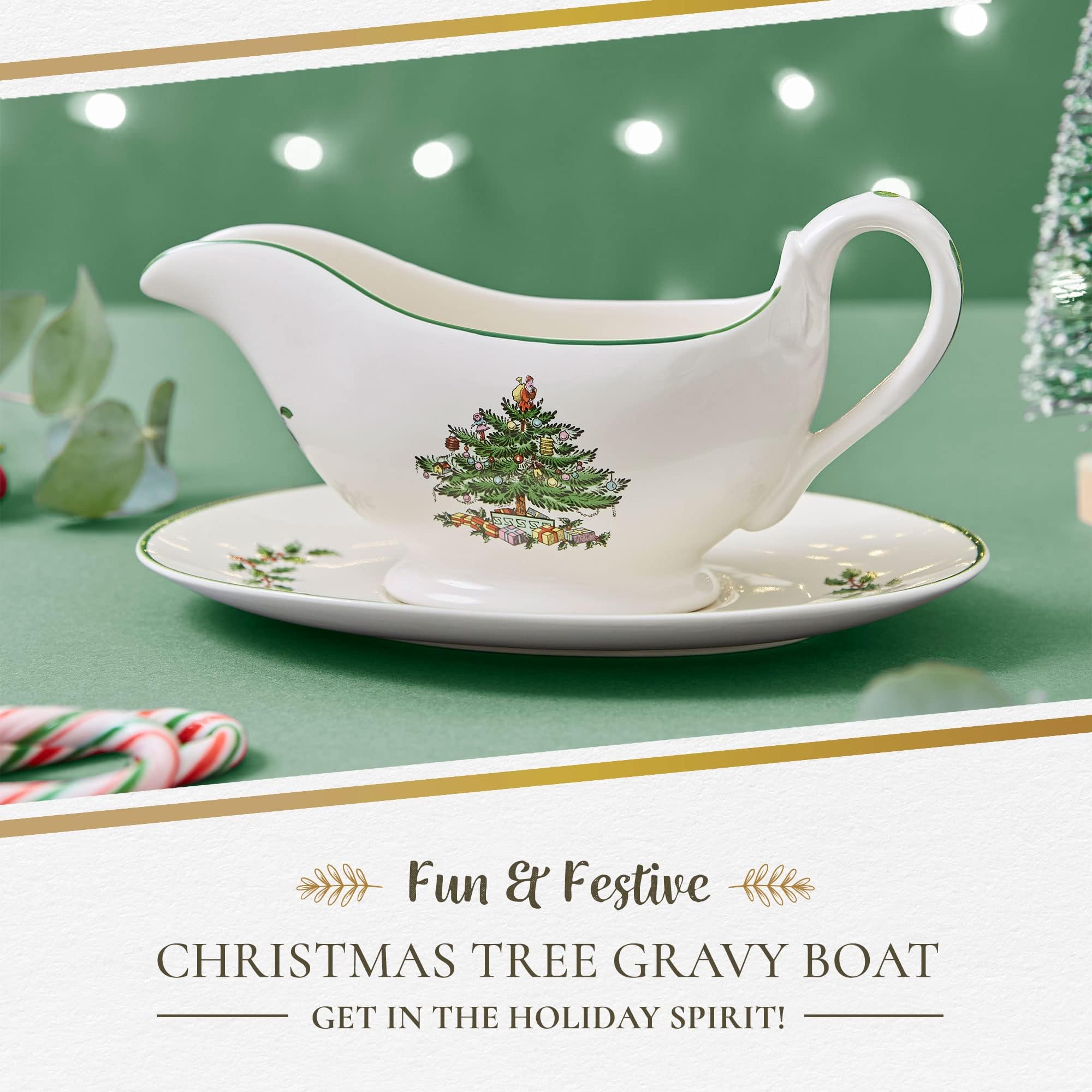 Spode Christmas Tree tray with gravy boat ready for stylish holiday service.