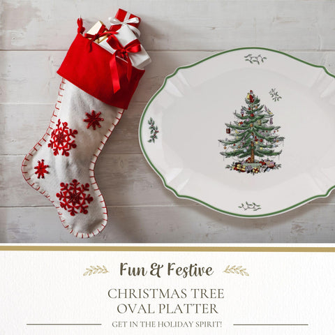 Spode Christmas Tree platter with two-tone red border enhances festive table decor.