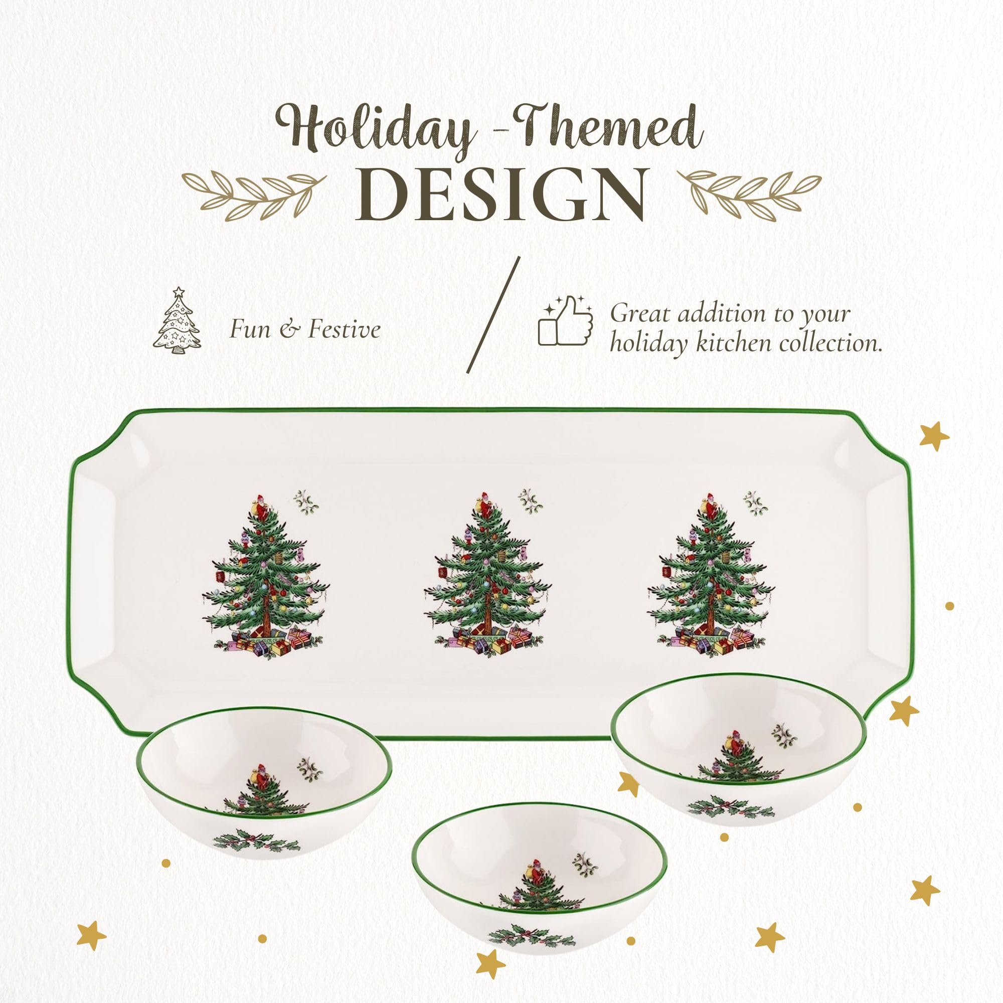 Spode fine earthenware serveware offers durable, decorative holiday table accents.