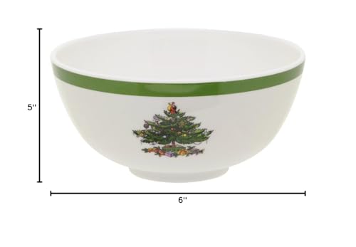 Spode Christmas Tree melamine, green rim, durable serveware for family gatherings.