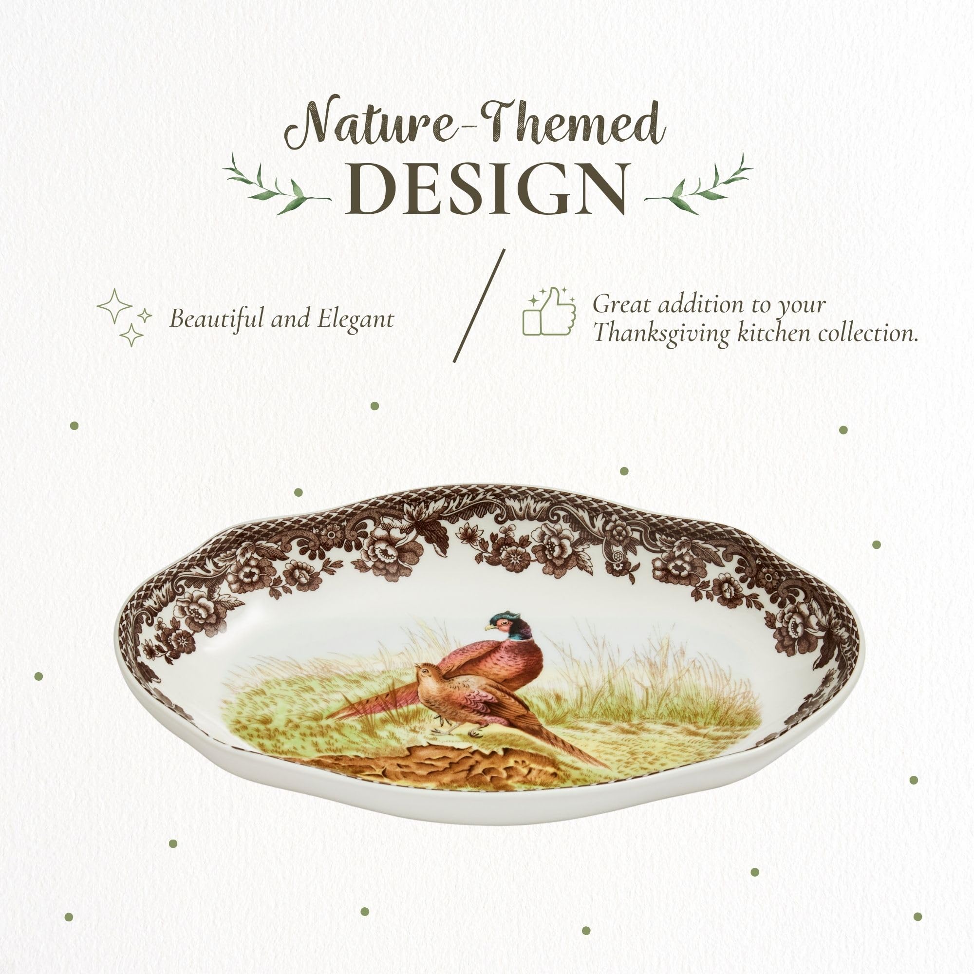 Spode pheasant motif detail against brown border adds rustic charm for gatherings.
