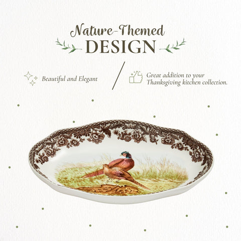 Spode pheasant motif detail against brown border adds rustic charm for gatherings.