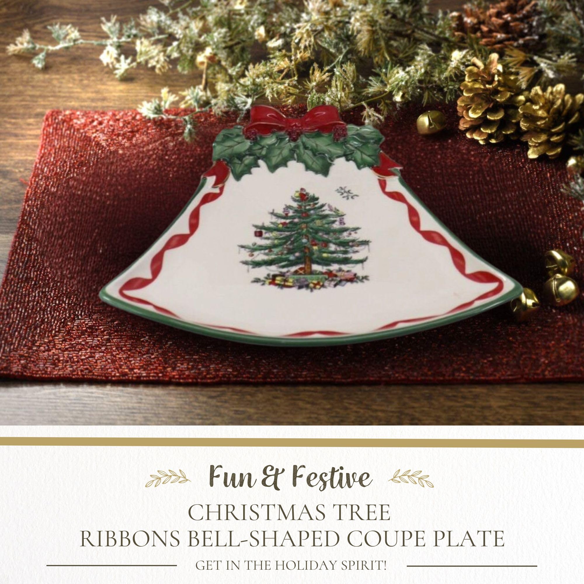Spode plate close-up showing red ribbon border and gold accents.