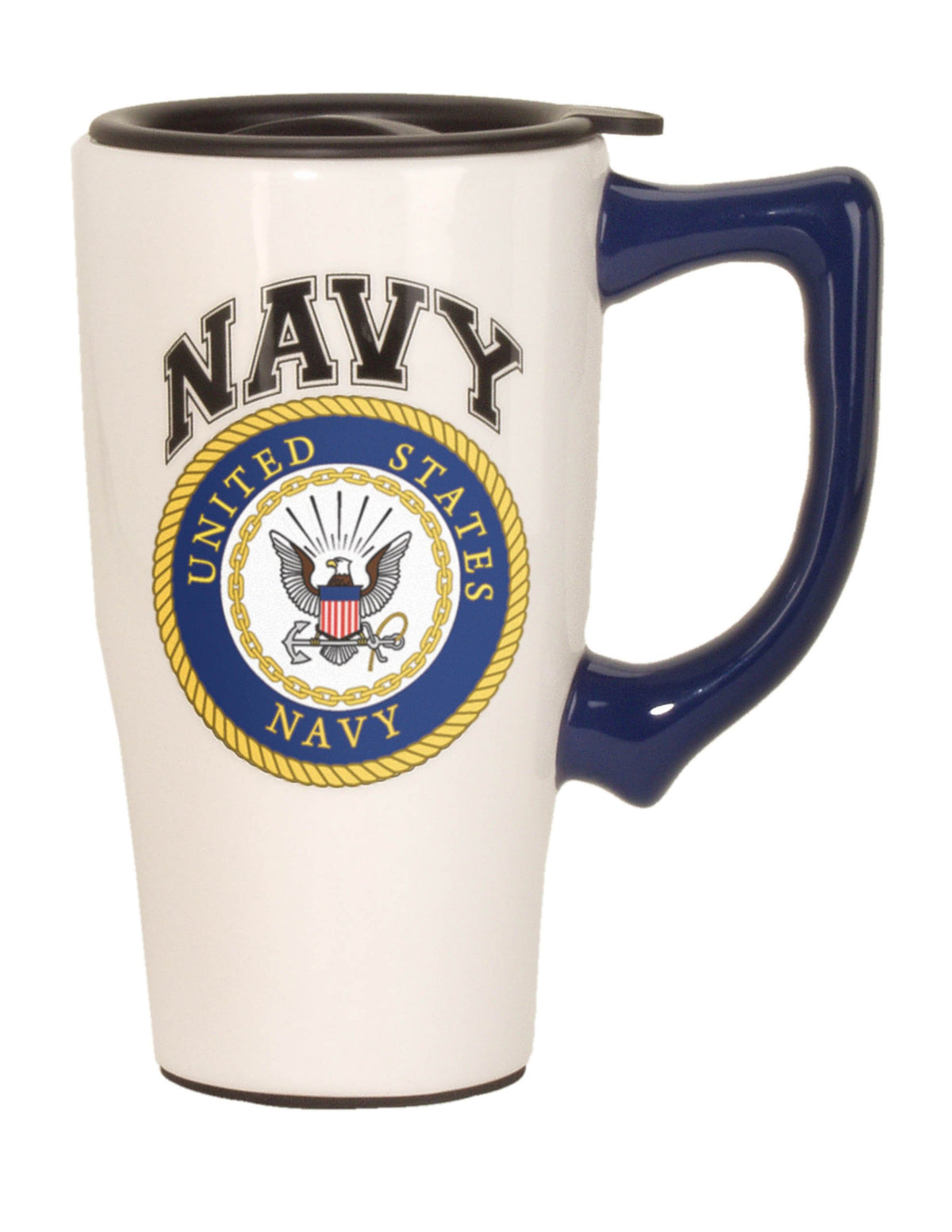 Spoontiques navy ceramic travel mug with locking lid for hot or cold drinks on the go