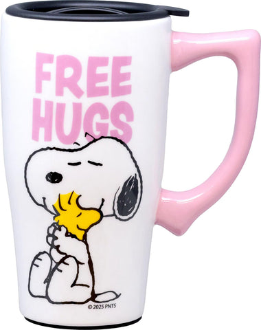 Spoontiques Snoopy Free Hugs ceramic travel mug with lid and handle for hot or cold drinks