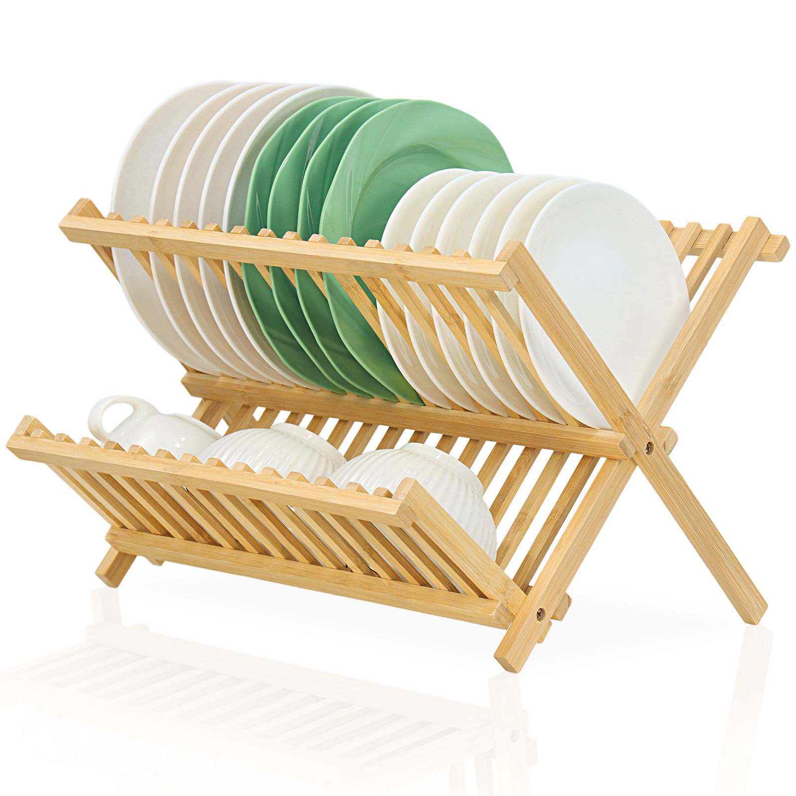 SPOPSOOD bamboo dish drying rack offers a clean 2-tier setup for faster air-drying of plates