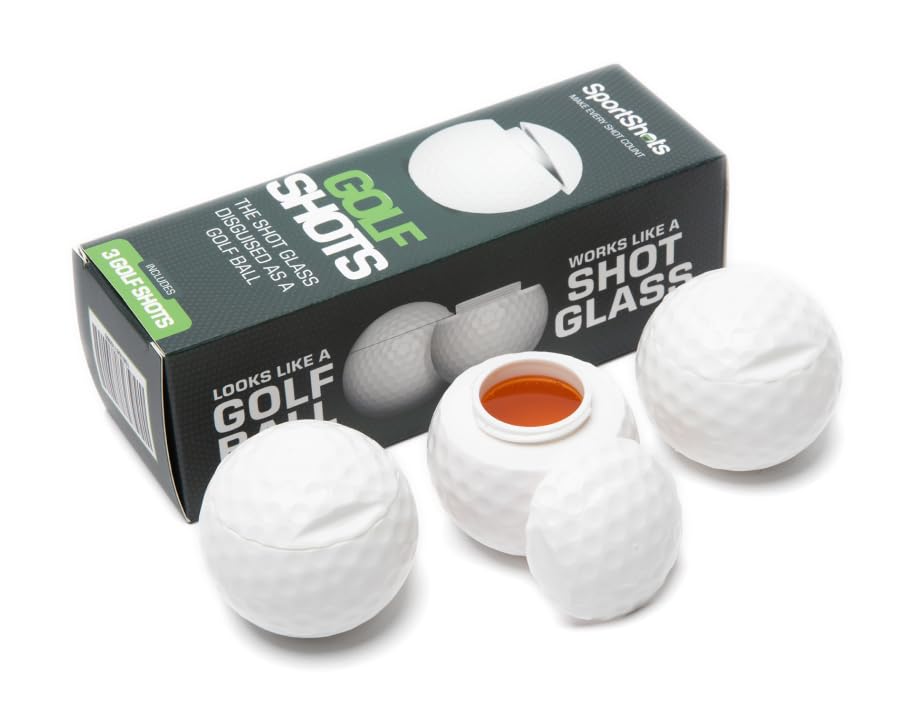 Sport Shots golf-ball shot glasses set displayed on a green, ideal for golf outings.