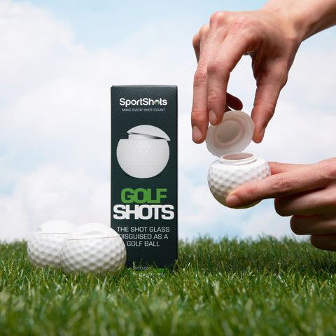 Sport Shots three-pack golf-ball shot glasses ready for gifts.