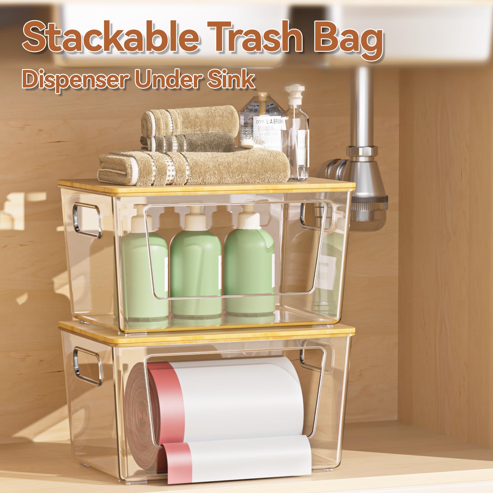 Spospo 2-pack under-sink organizer demonstrates extra-large capacity for bulk liners.