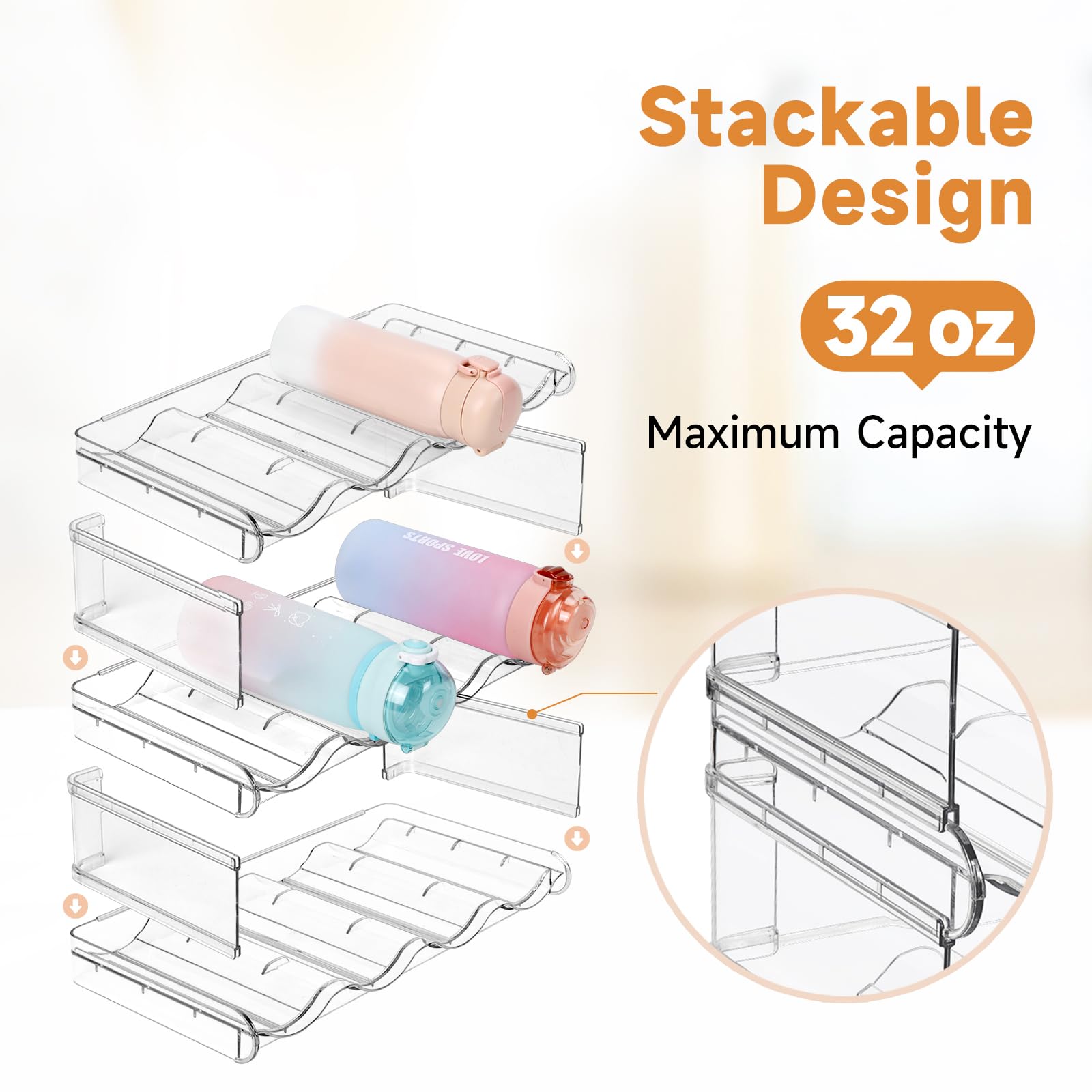 Spospo 3-tier water bottle rack neatly holds up to 12 bottles in a compact kitchen setup.