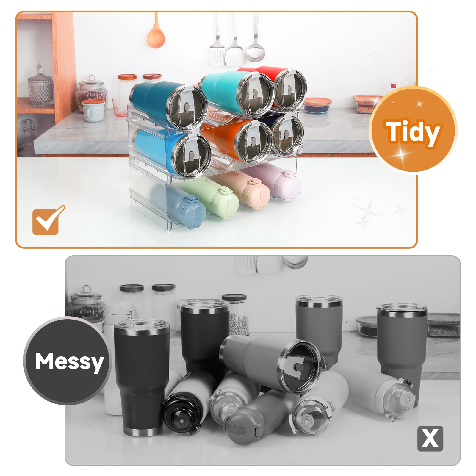 Spospo stack-and-store shelf helps prevent bottle clutter on countertops.
