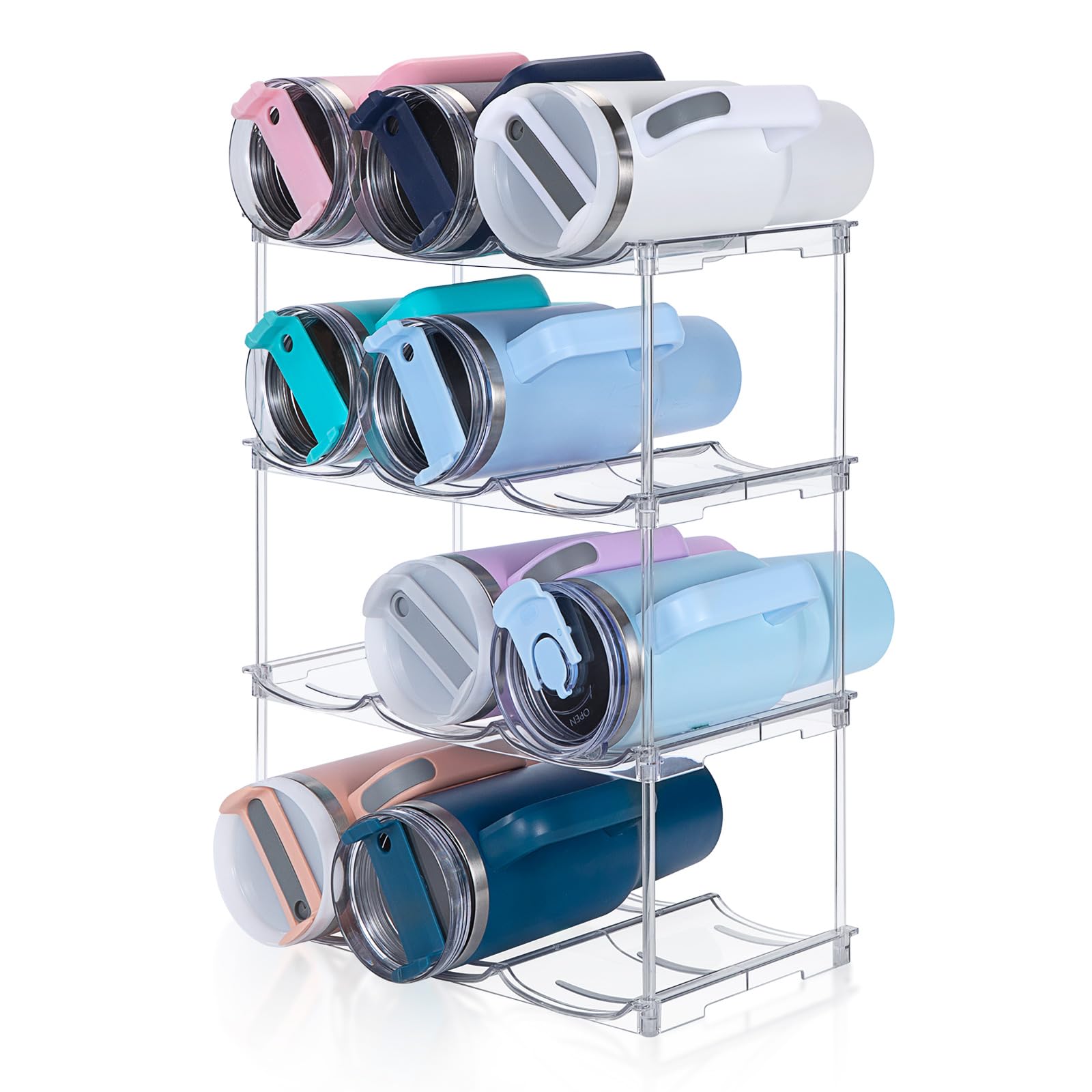Spospo stackable bottle organizer on cabinet shelf keeps 40 oz tumblers organized